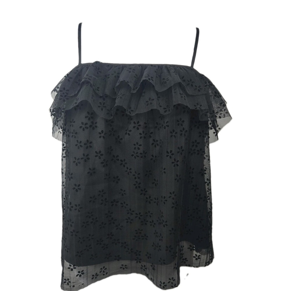 J.CREW Women's 8 Black Mesh Flocked Ruffle Loose Fit Spaghetti Strap Tank‎ Top